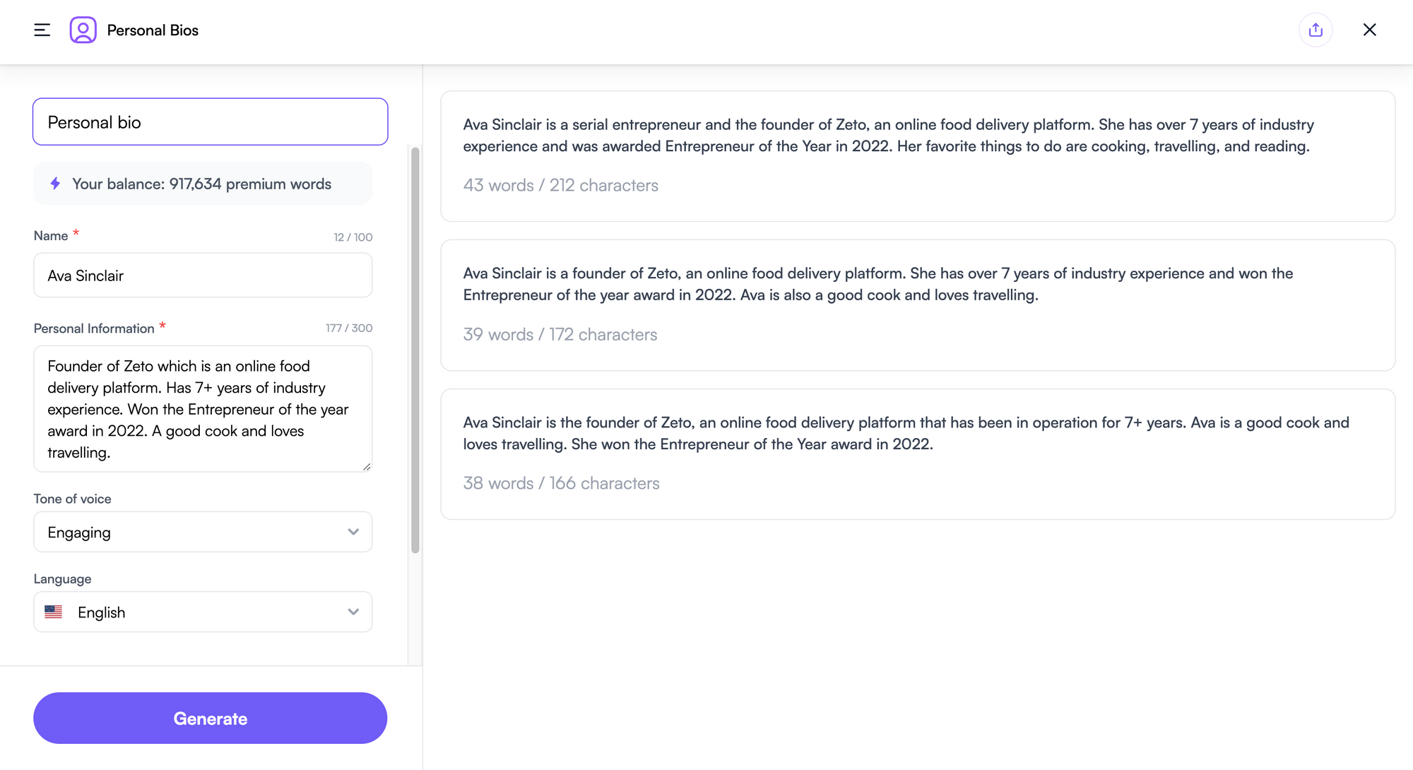 Writesonic's personal bio generator: Generate personal bios in seconds with AI