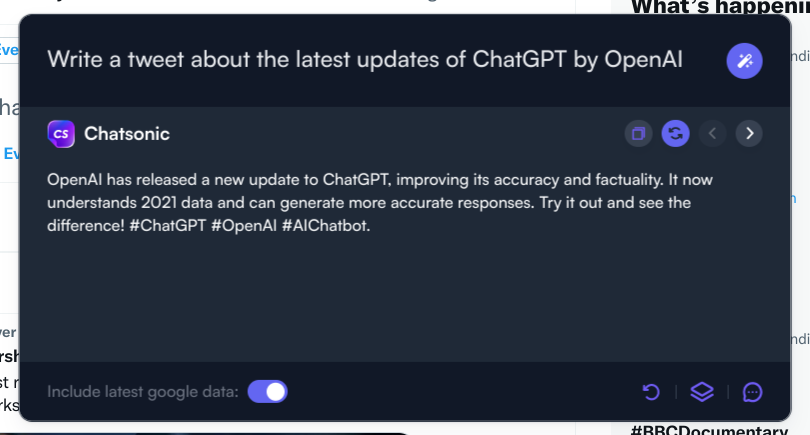 Tweet with latest data by Chatsonic - ChatGPT chrome extension