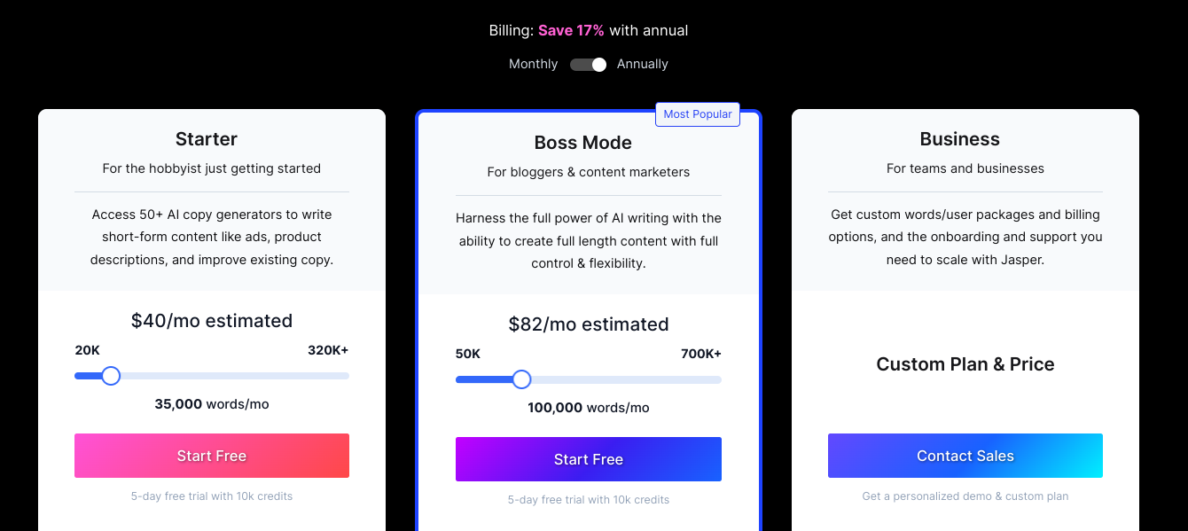 Jasper AI pricing - content creation tools
