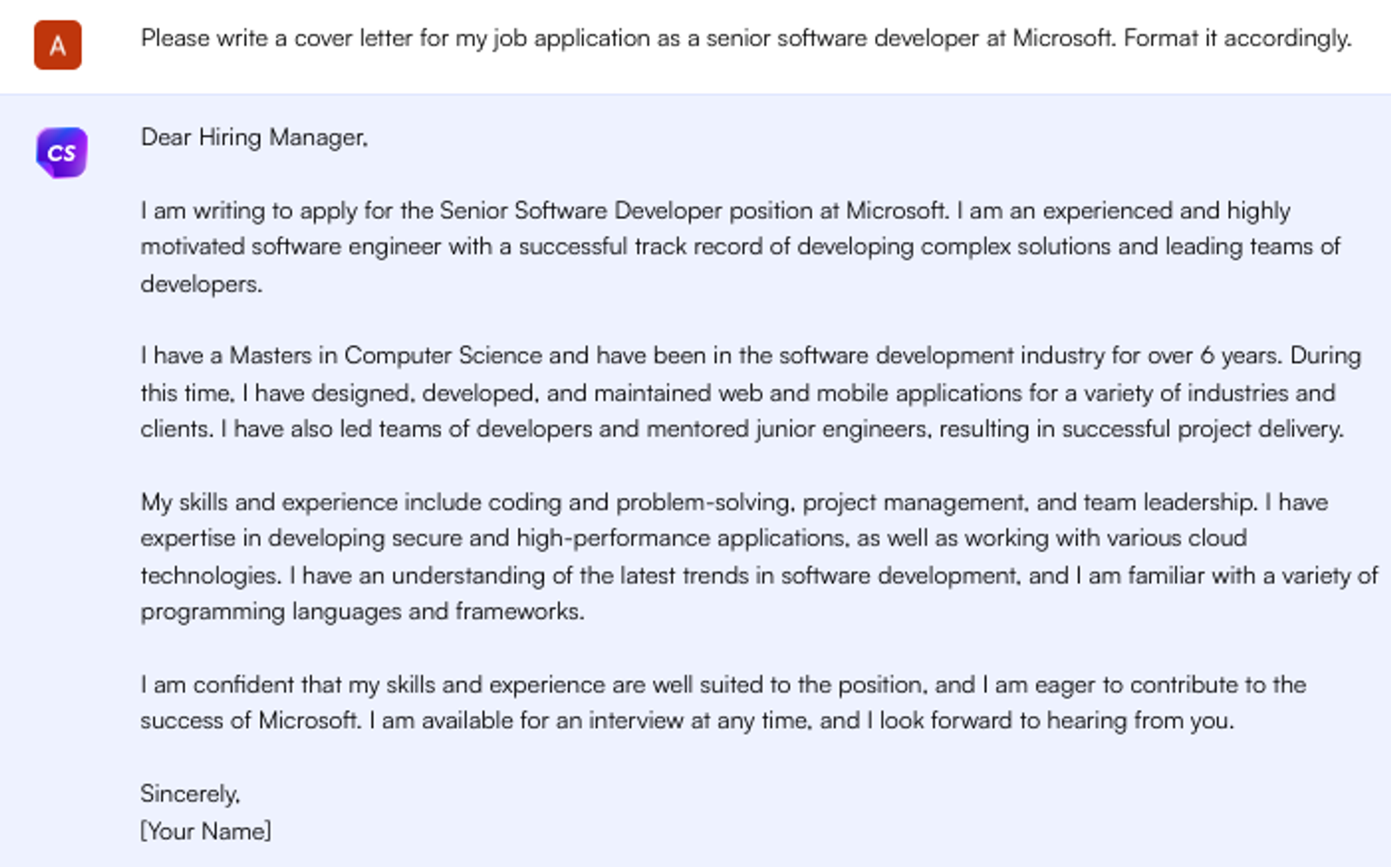 ChatGPT prompt for cover letter - Job Search