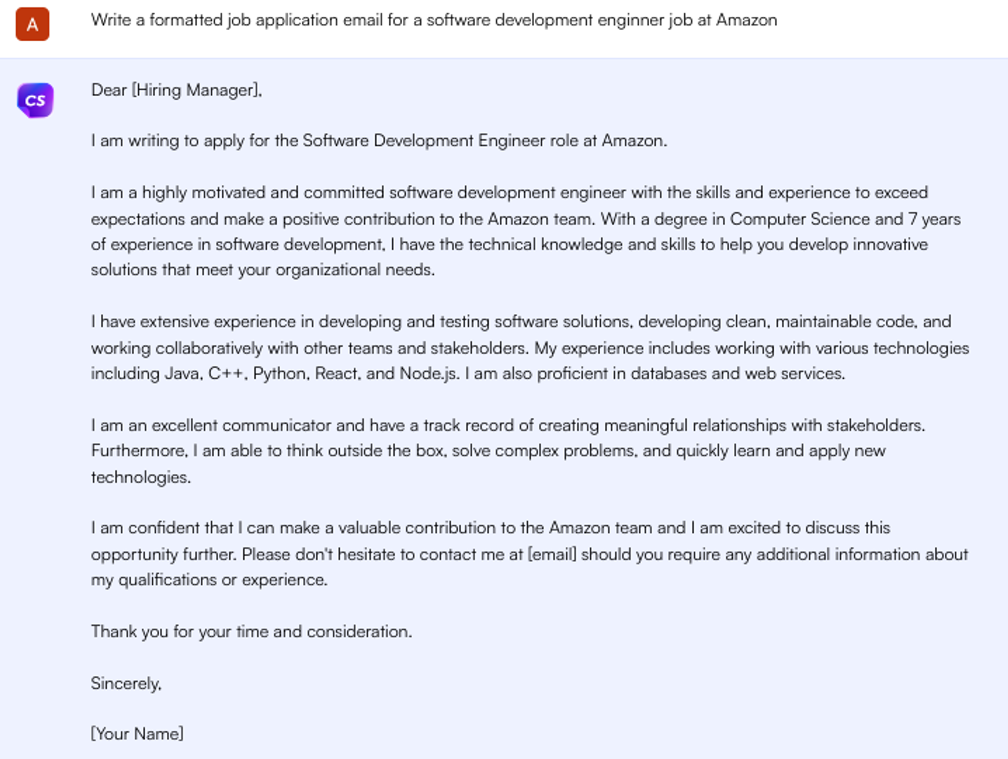 ChatGPT prompt for job application email - Job Search