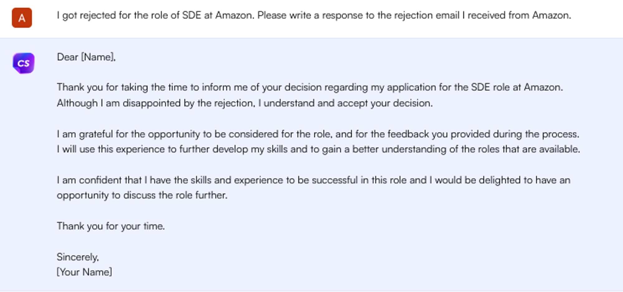 ChatGPT prompt for a rejection email response - Job Search