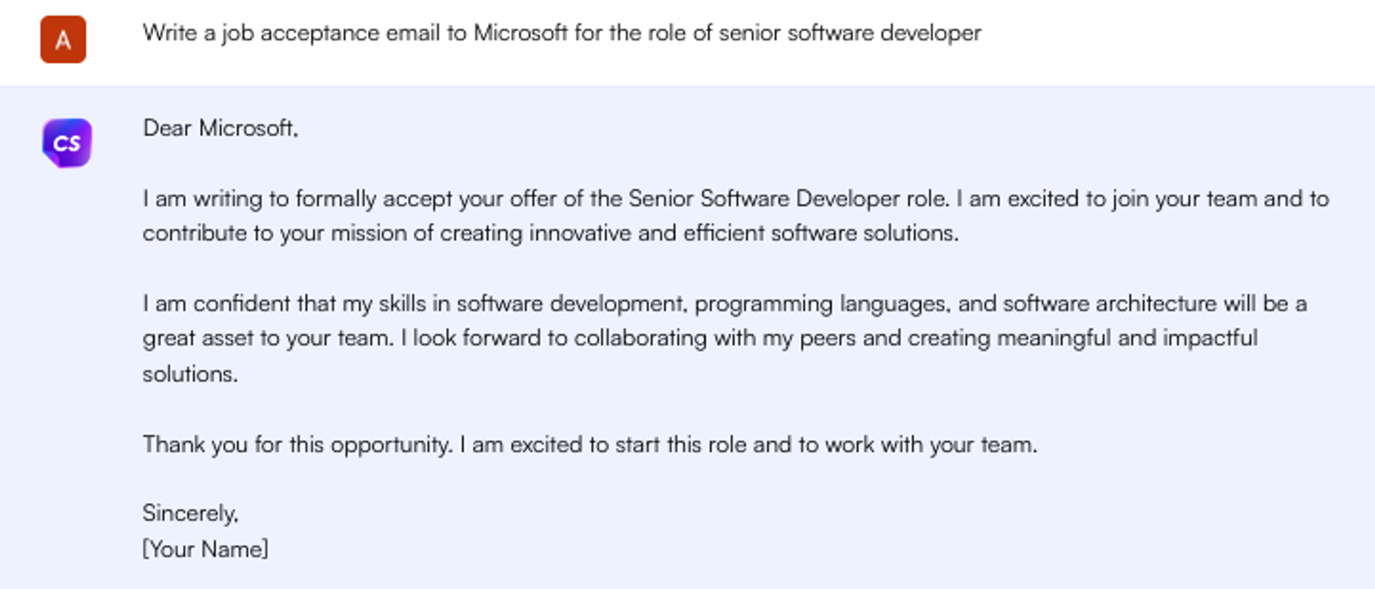 ChatGPT prompt for accepting job offer email - Job Search