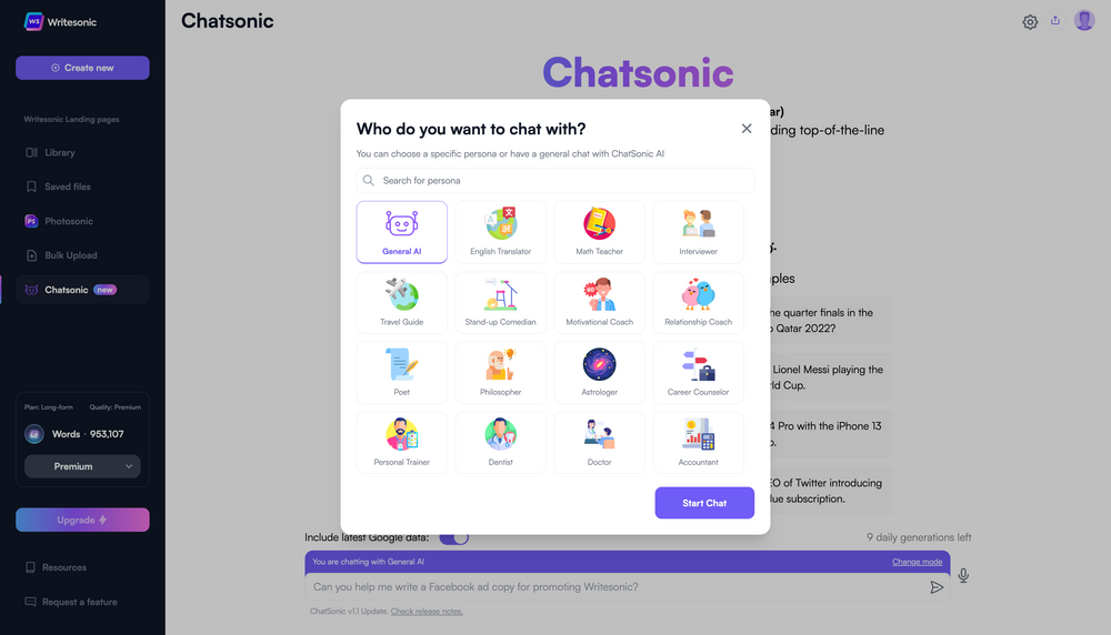 Chatsonic persona mode - paragraph generators