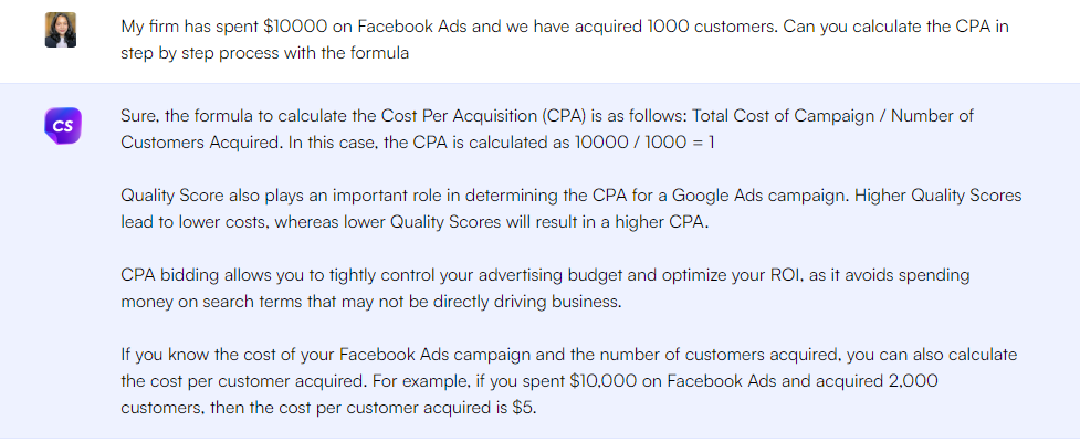 ChatGPT prompt to calculate cost per acquisition in Facebook ads - ChatGPT Prompts for Marketing Metrics