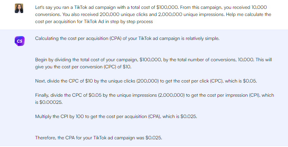 ChatGPT prompt to calculate cost per acquisition in Tiktok ads - ChatGPT Prompts for Marketing Metrics