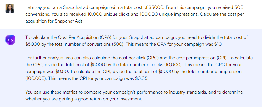 ChatGPT prompt to calculate cost per acquisition in Snapchat ads - ChatGPT Prompts for Marketing Metrics