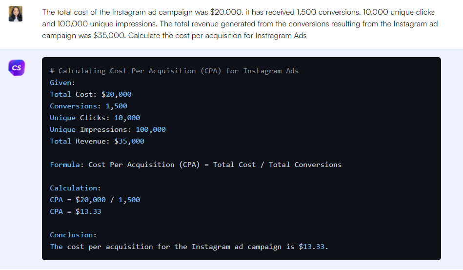 ChatGPT prompt to calculate cost per acquisition in Instagram ads - ChatGPT Prompts for Marketing Metrics