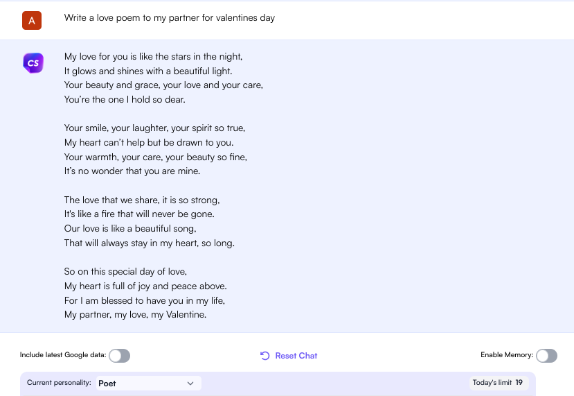 Love poem by ChatSonic's personalized avatar - ChatGPT Plus vs ChatSonic