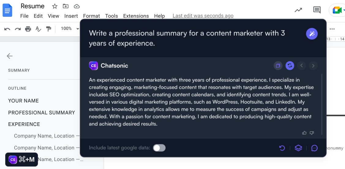 Professional summary - ChatSonic chrome extension use cases
