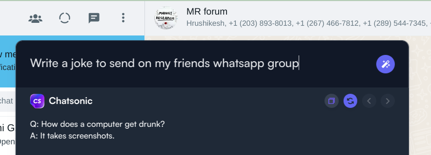 Joke on WhatsApp group - ChatSonic chrome extension use cases
