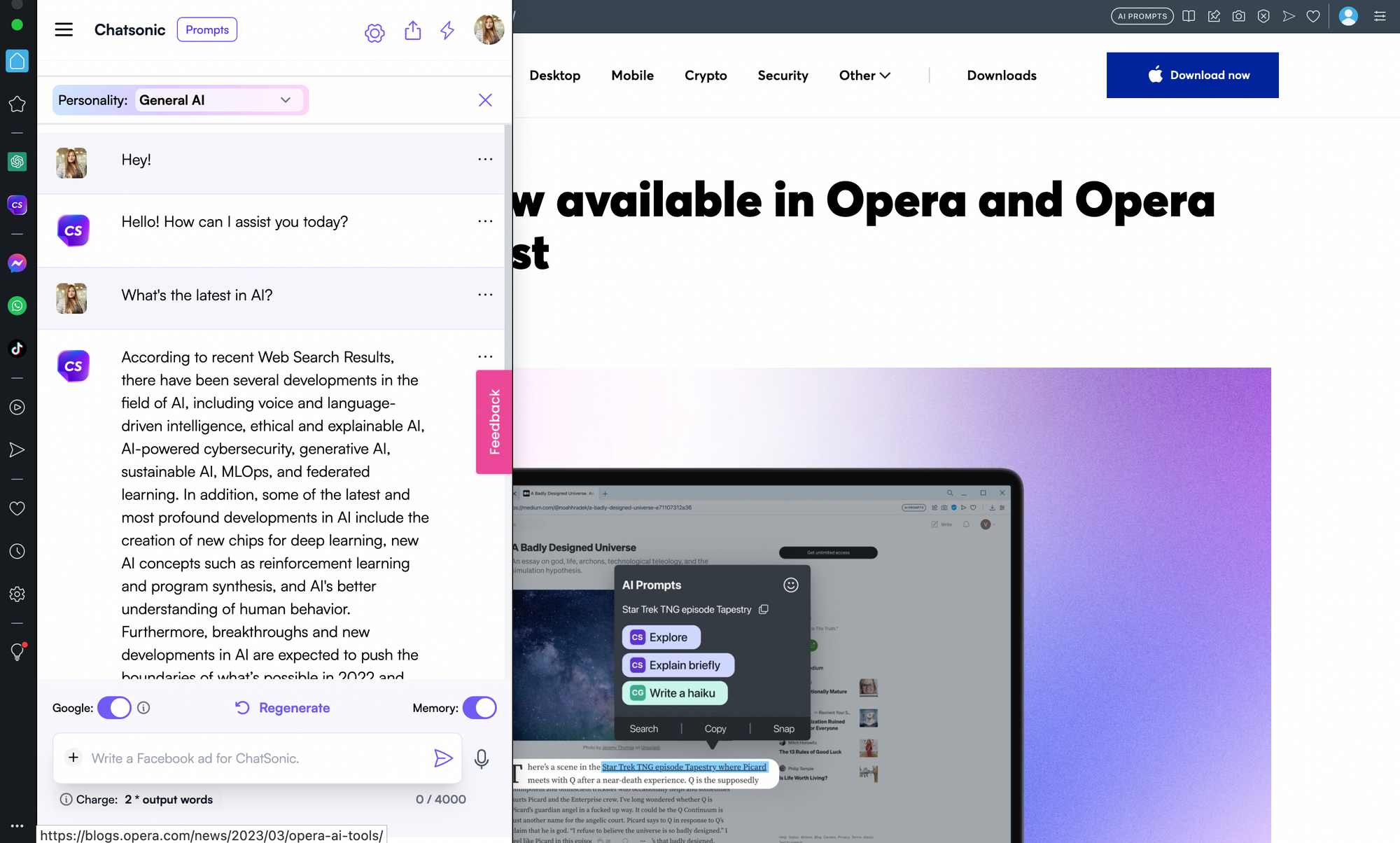 Chatsonic on Opera