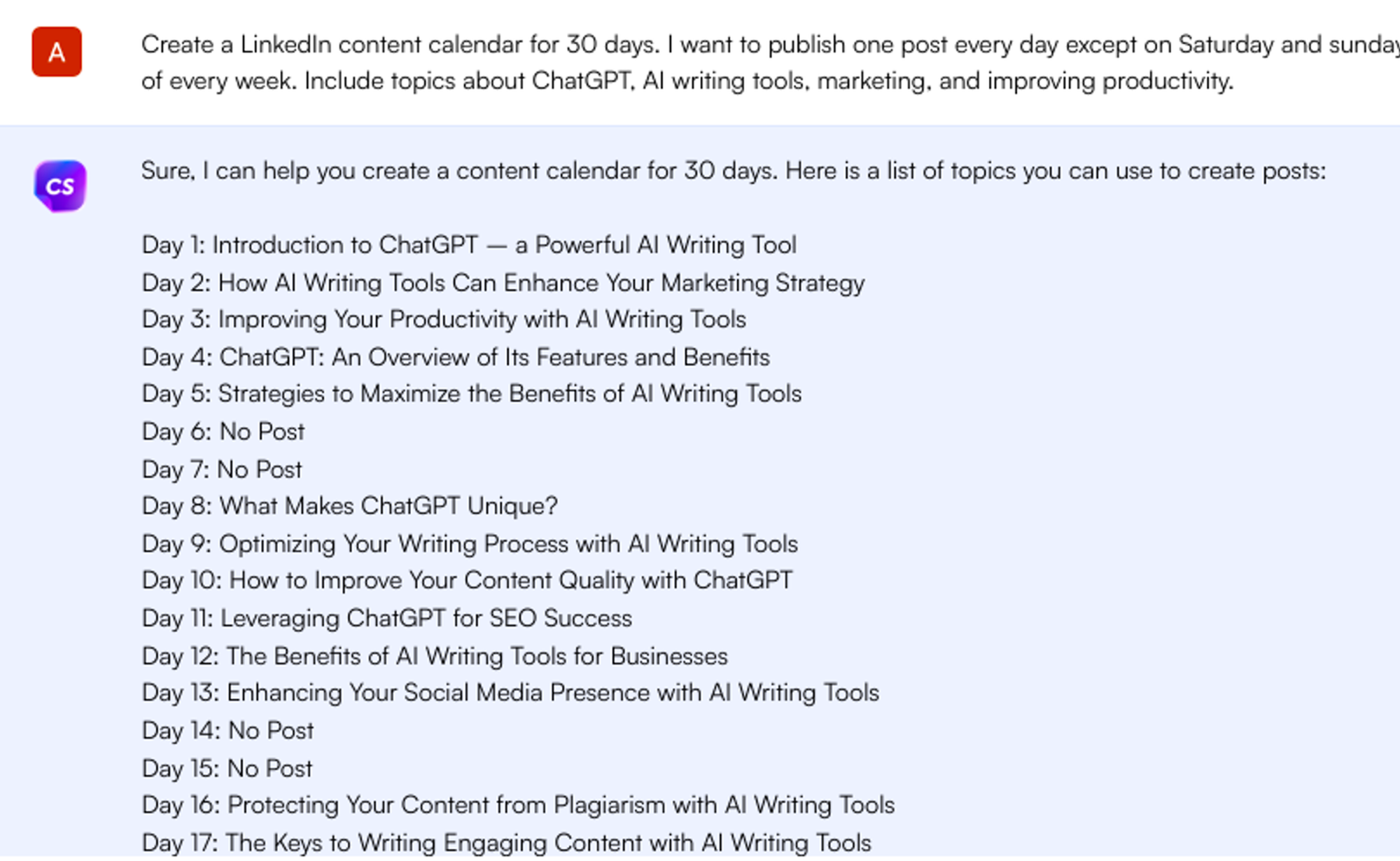 ChatSonic example social media calendar - ChatGPT alternatives social media