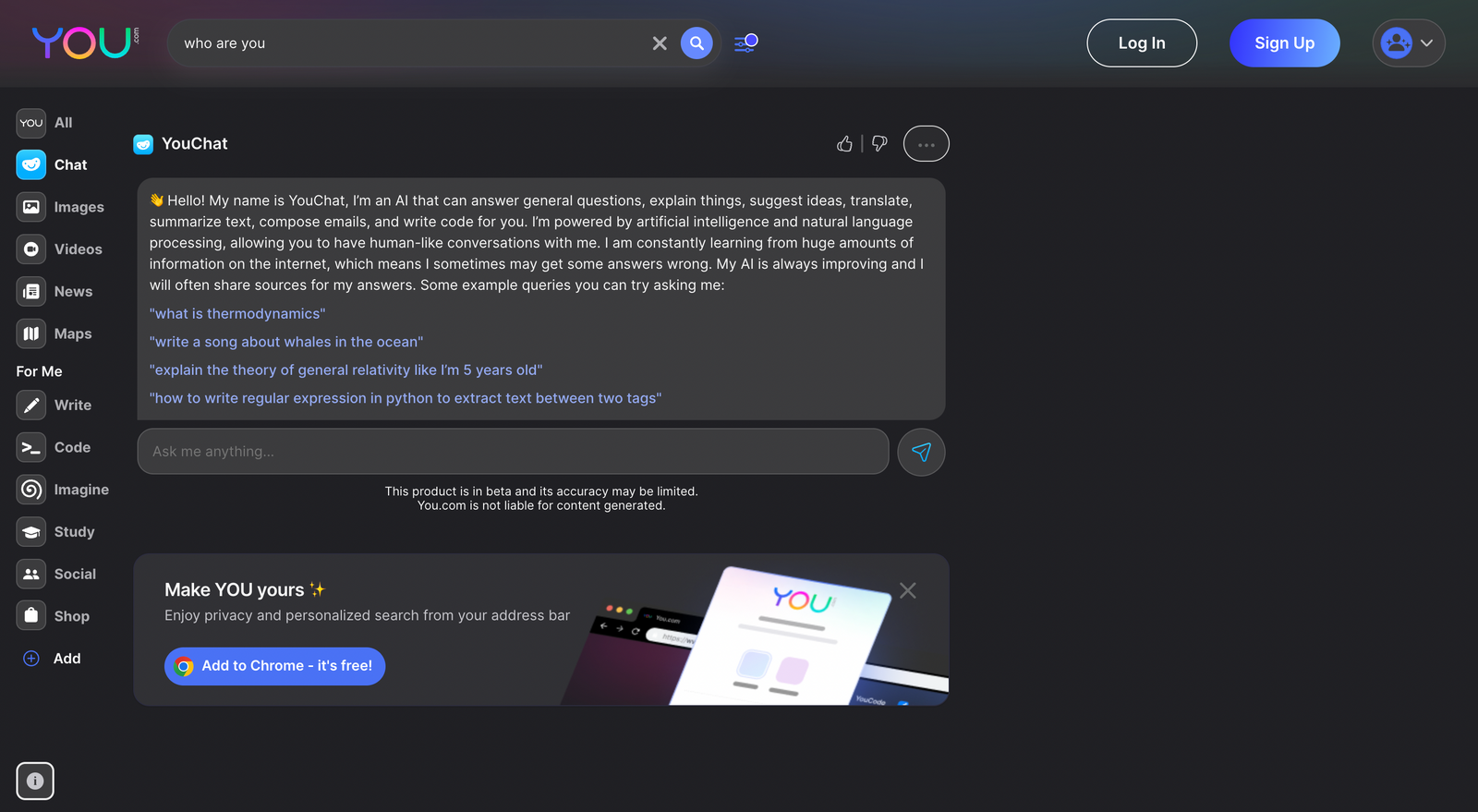 YouChat - ChatGPT banned in Italy