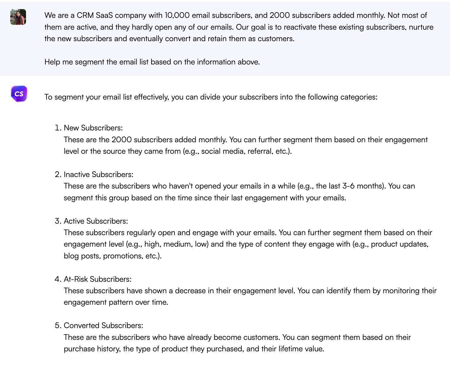 Chatsonic for segmenting an email list - ChatGPT for email marketing