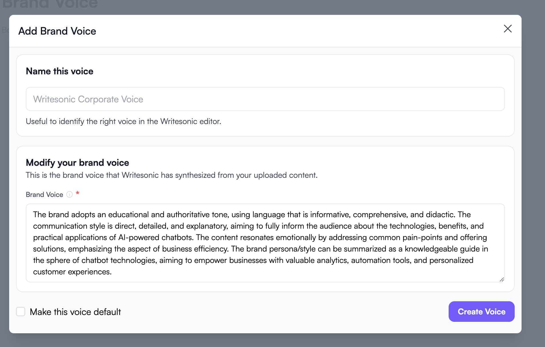 Ewritesonic brand voice feature - Brand voice examples