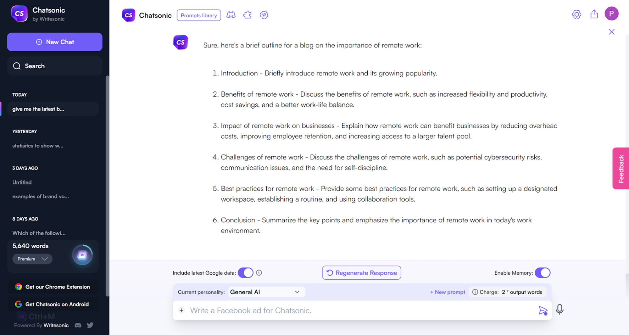Chatsonic for blog outline