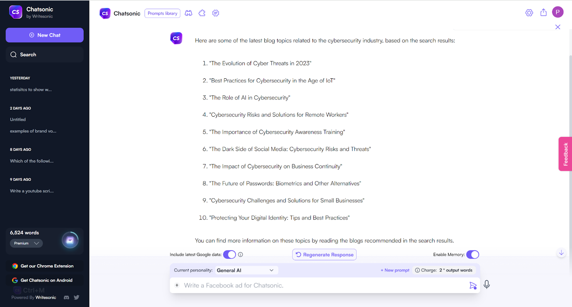 Chatsonic for blog topics