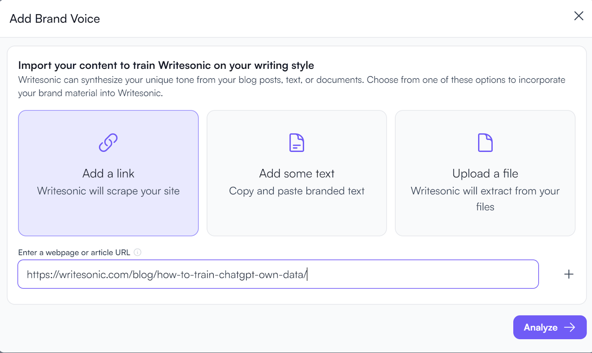 Step 2 - Add brand voice to Writesonic