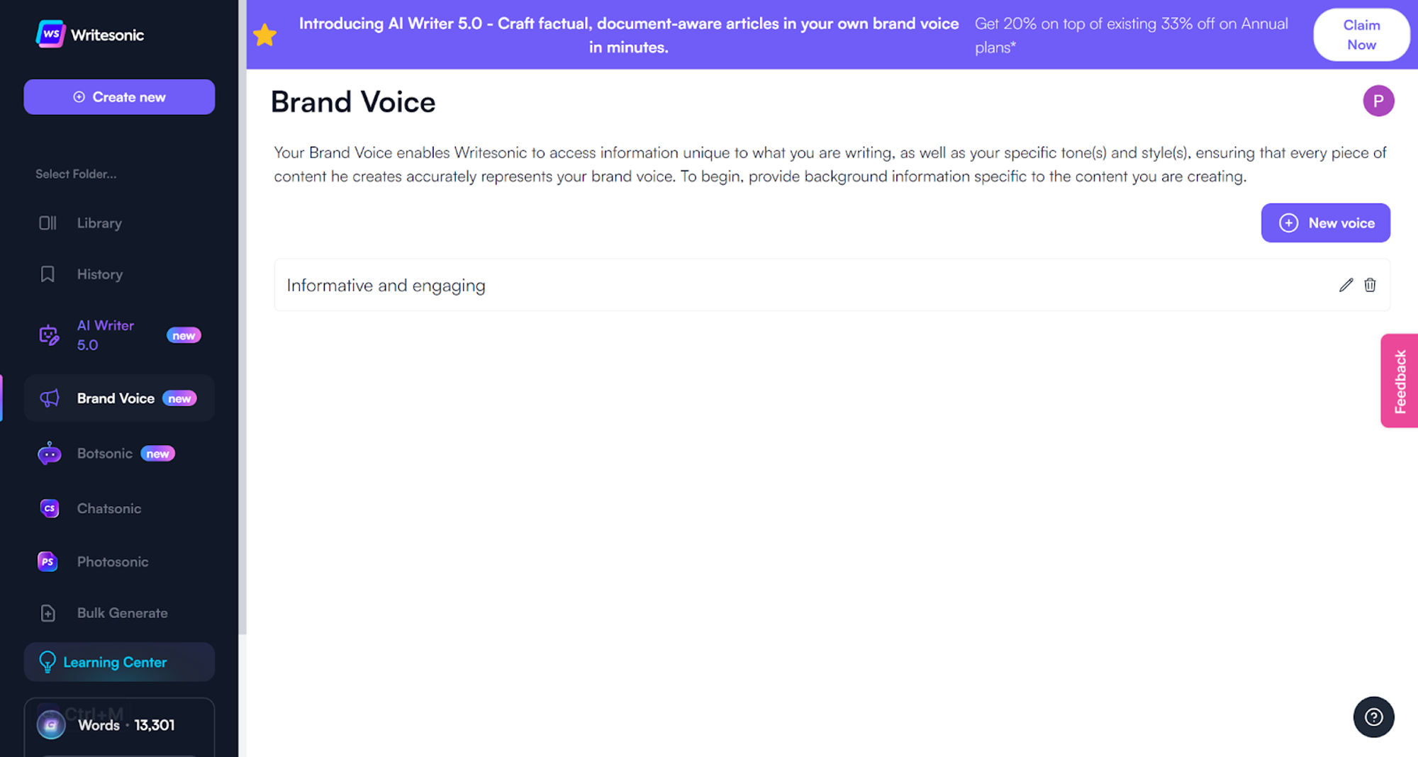 Step 4 - Add brand voice to Writesonic