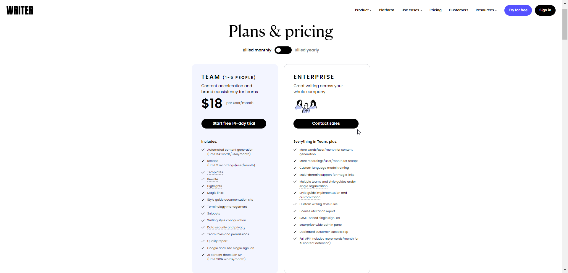 Writer.com pricing - best AI writer