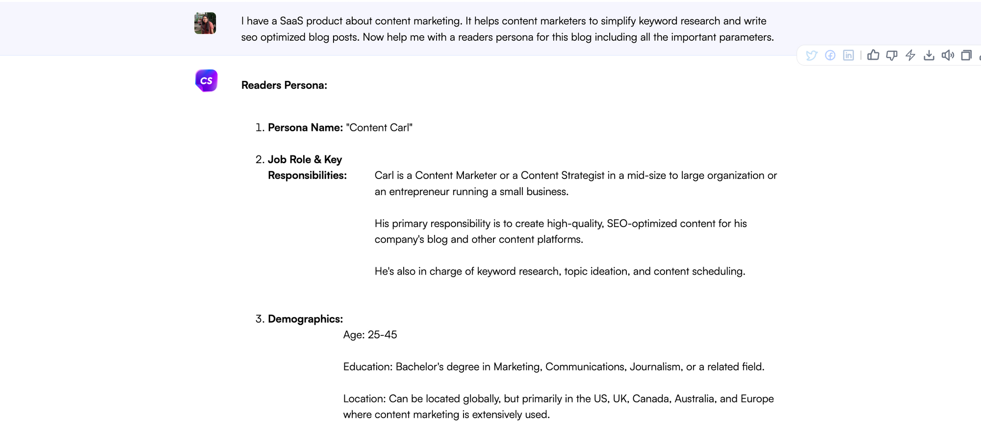 reader persona on chatsonic - cornerstone content