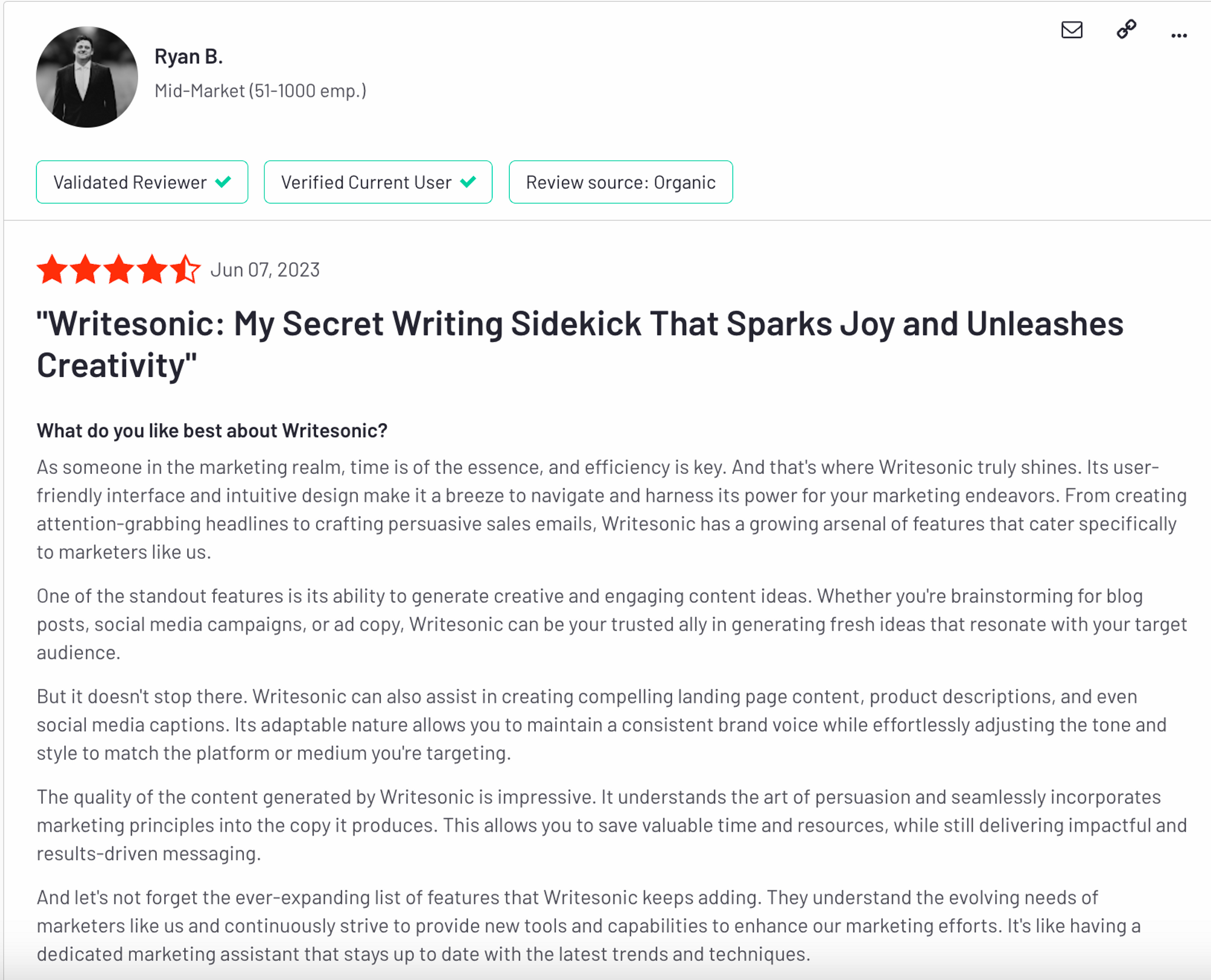 Ewritesonic review on G2 - generative AI tools