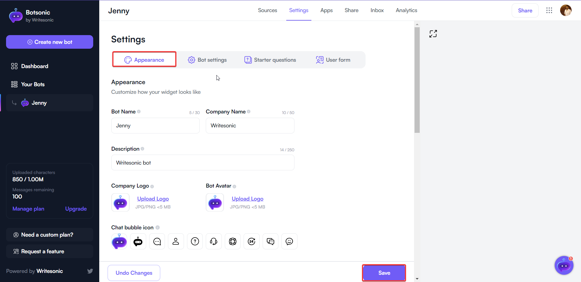 Botsonic adjust appearance - how to make WhatsApp chatbot