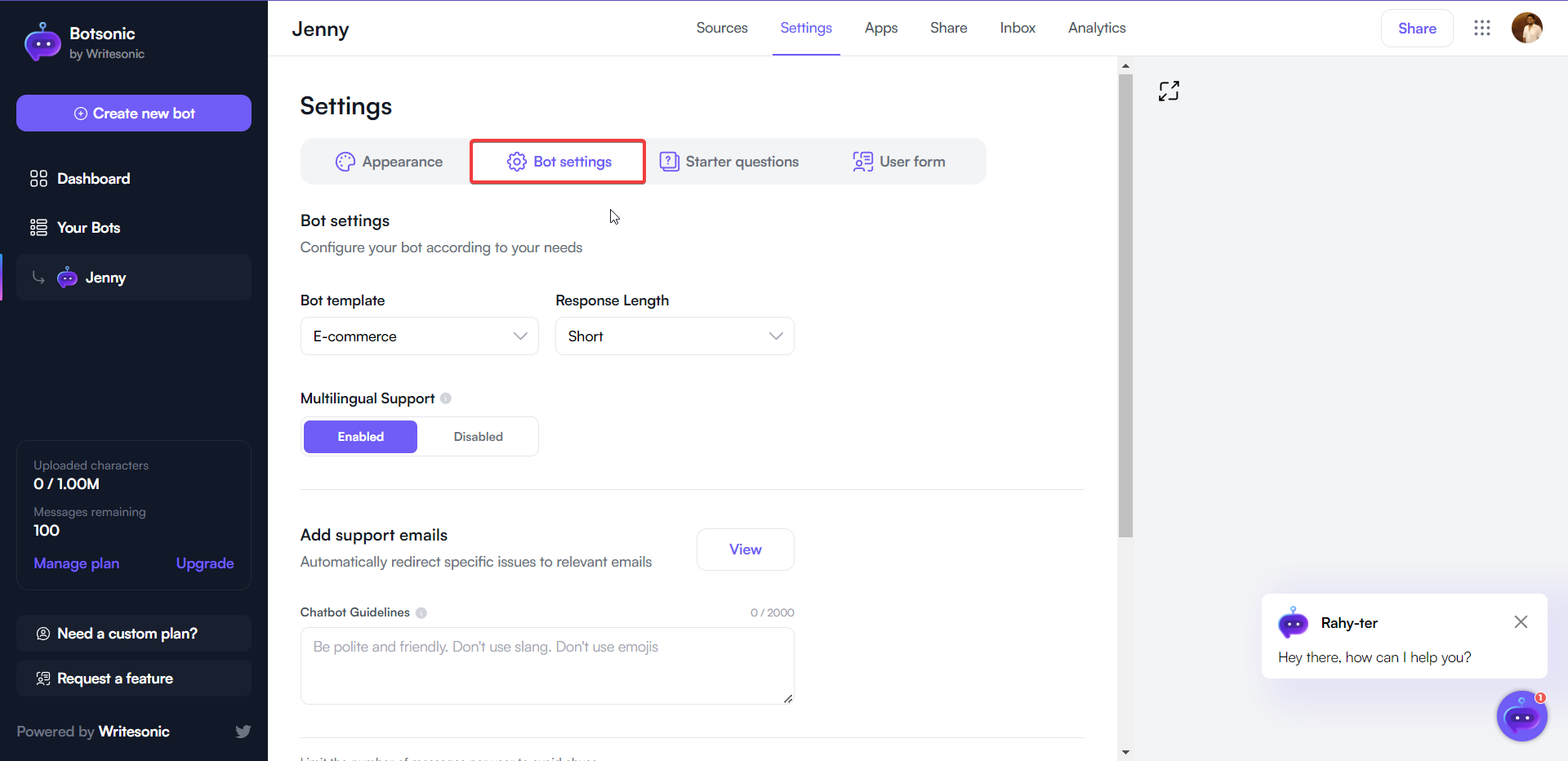 Change the Botsonic bot settings - WhatsApp chatbot