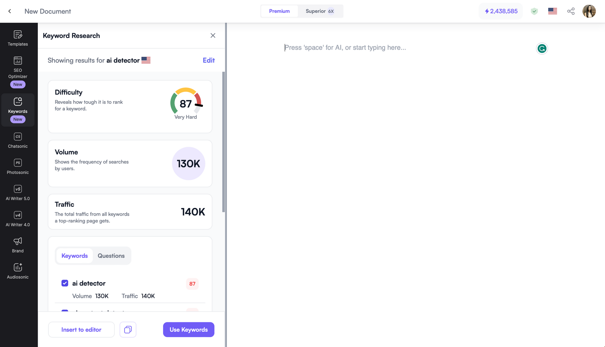 Ewritesonic Keyword Research Tool - Free writing apps