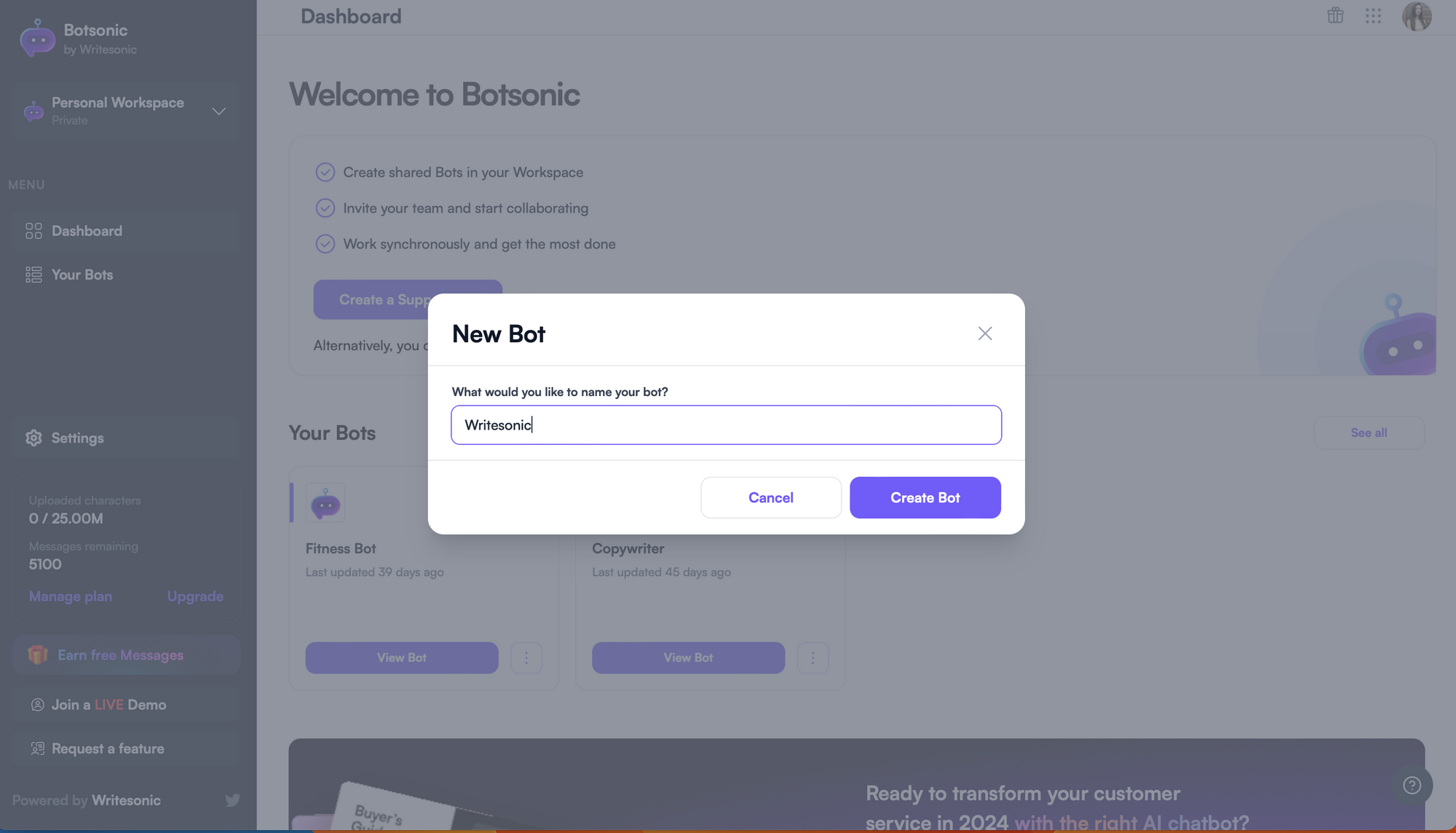Name your bot - Train ChatGPT on your own data