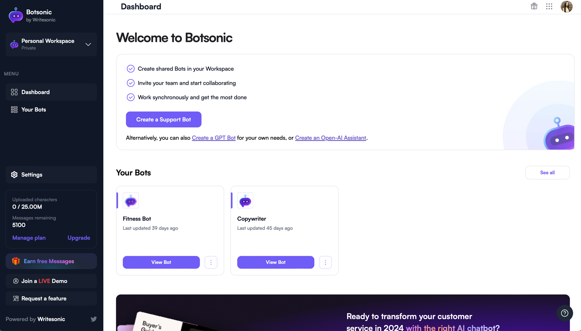 Botsonic dashboard - Train ChatGPT on your own data