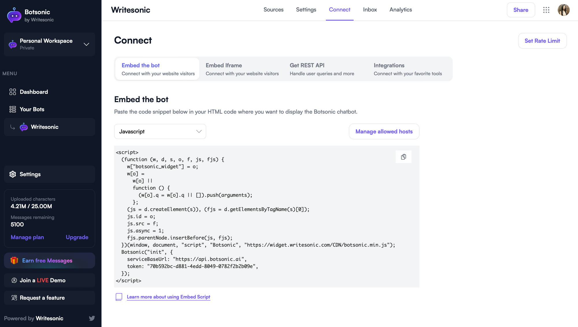 Embed the bot - Train ChatGPT on your own data