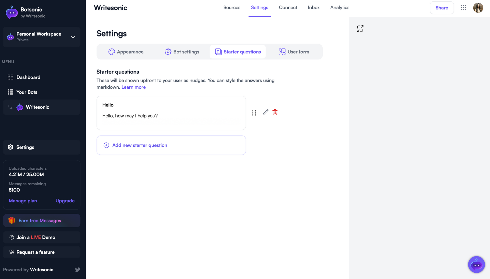 Add starter questions - Train ChatGPT on your own data