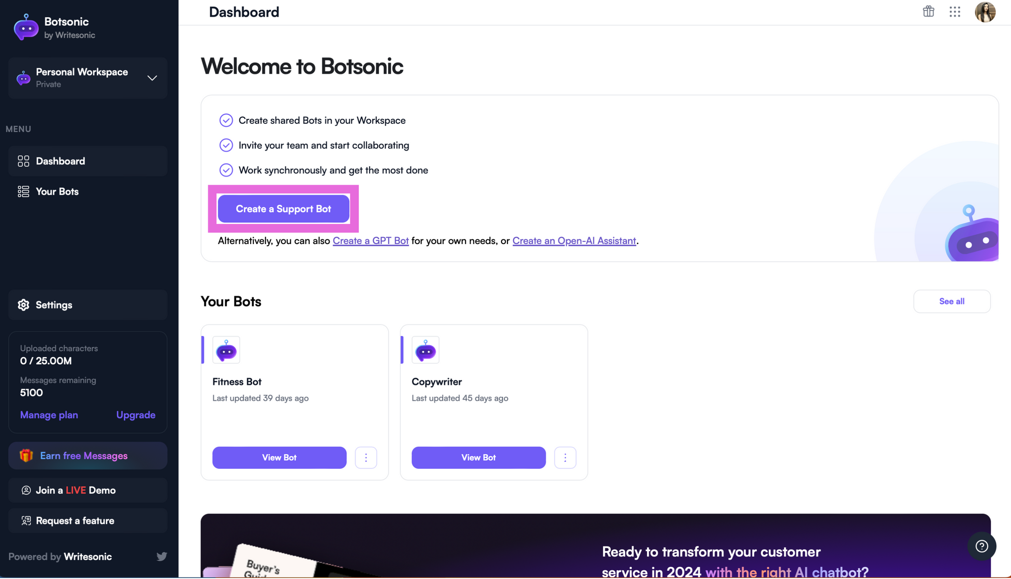Botsonic dashboard - Train ChatGPT on your own data