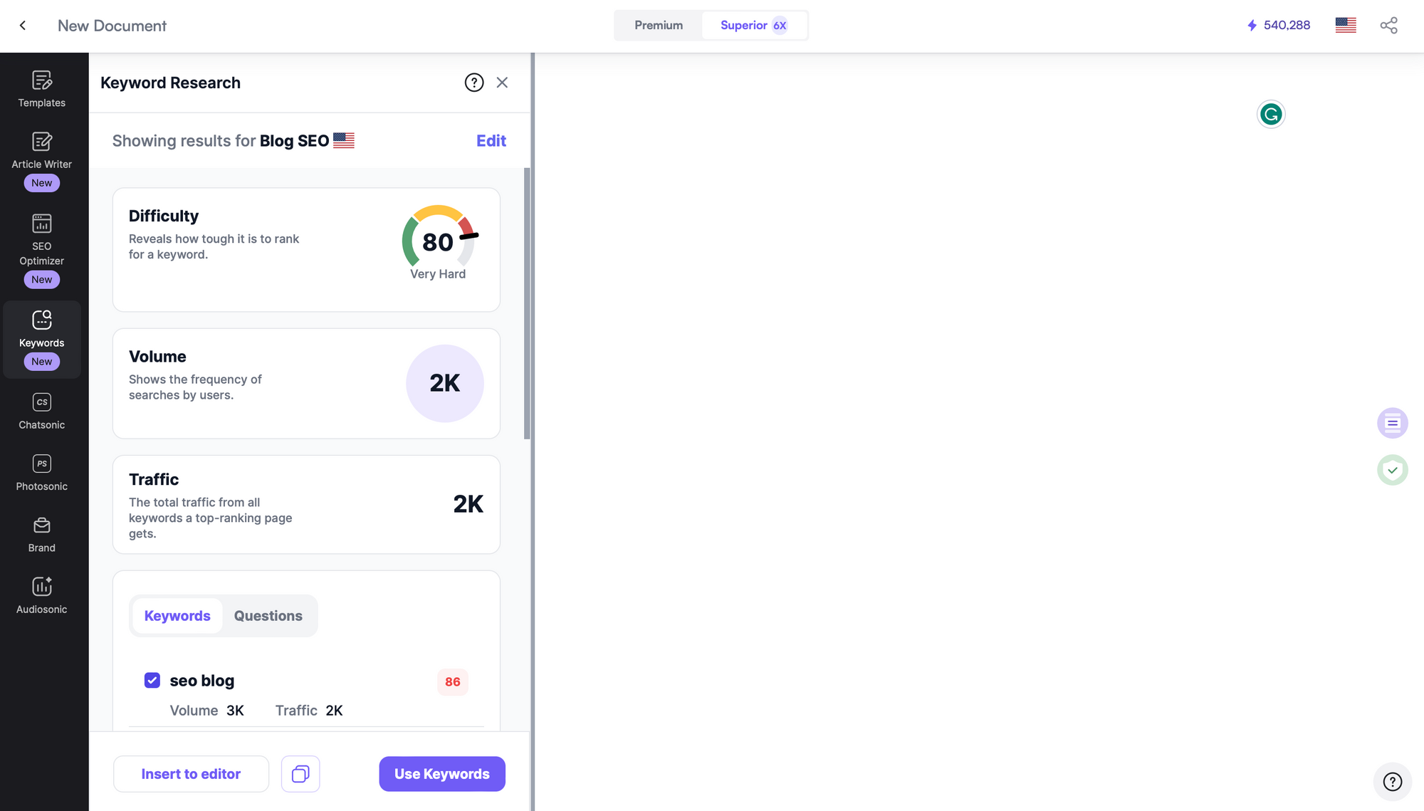 Ewritesonic Keyword Research Tool - Blog SEO