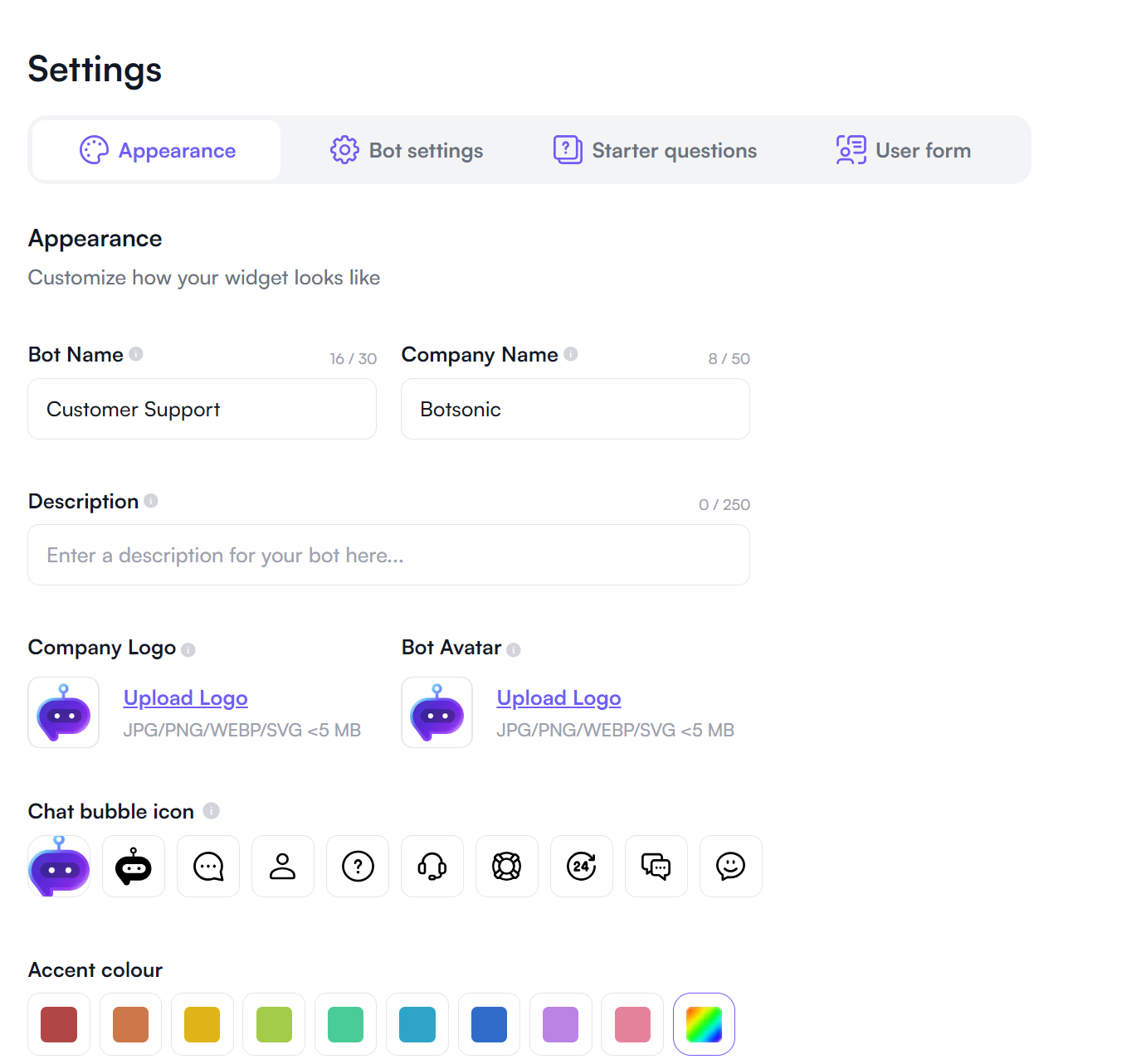 Settings on Botsonic