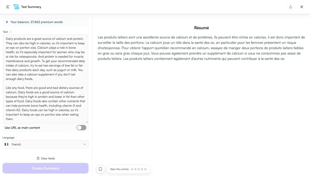 Create a summary in 25+ languages
