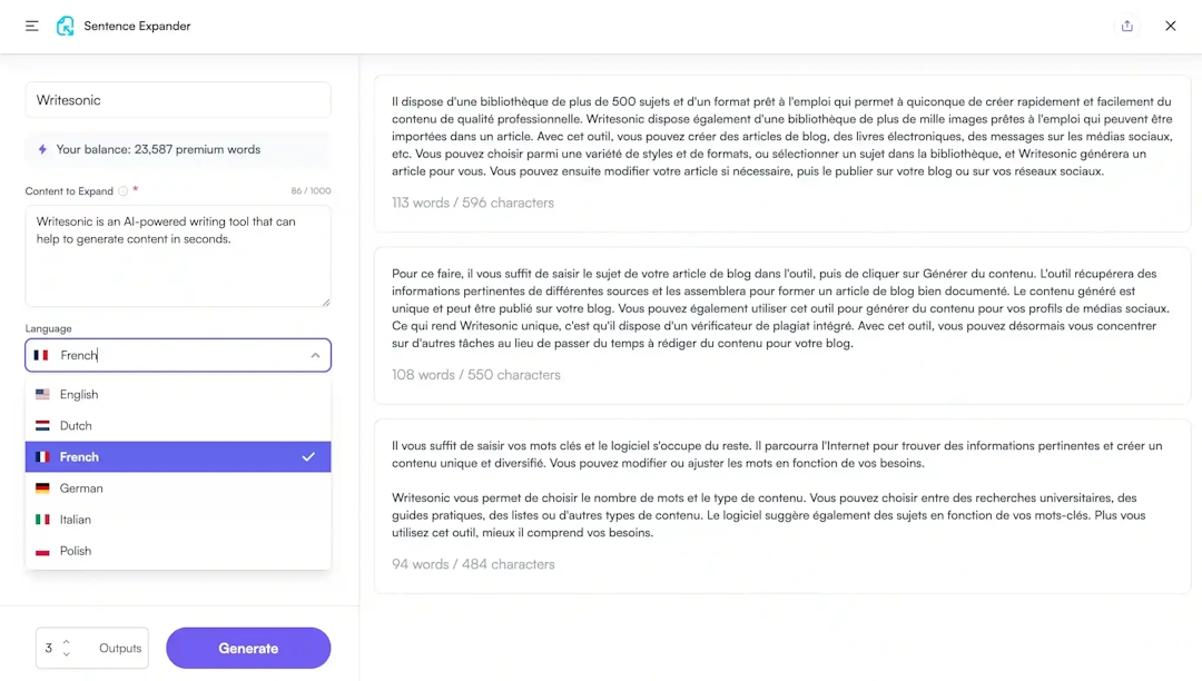 Expand sentences in 25+ languages