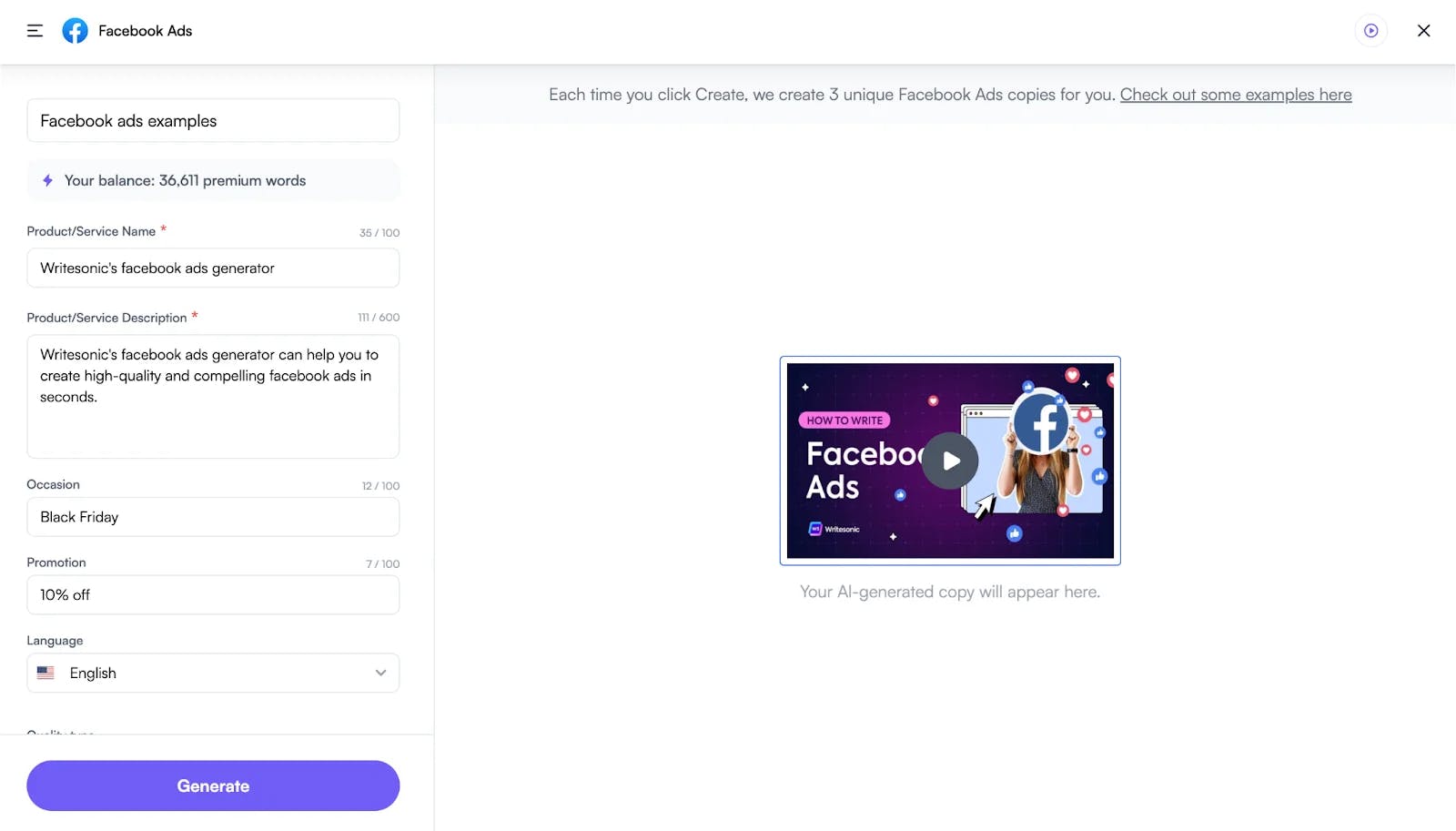 How to generate Facebook ad copy - Step 2 - Ewritesonic Facebook Ad Generator