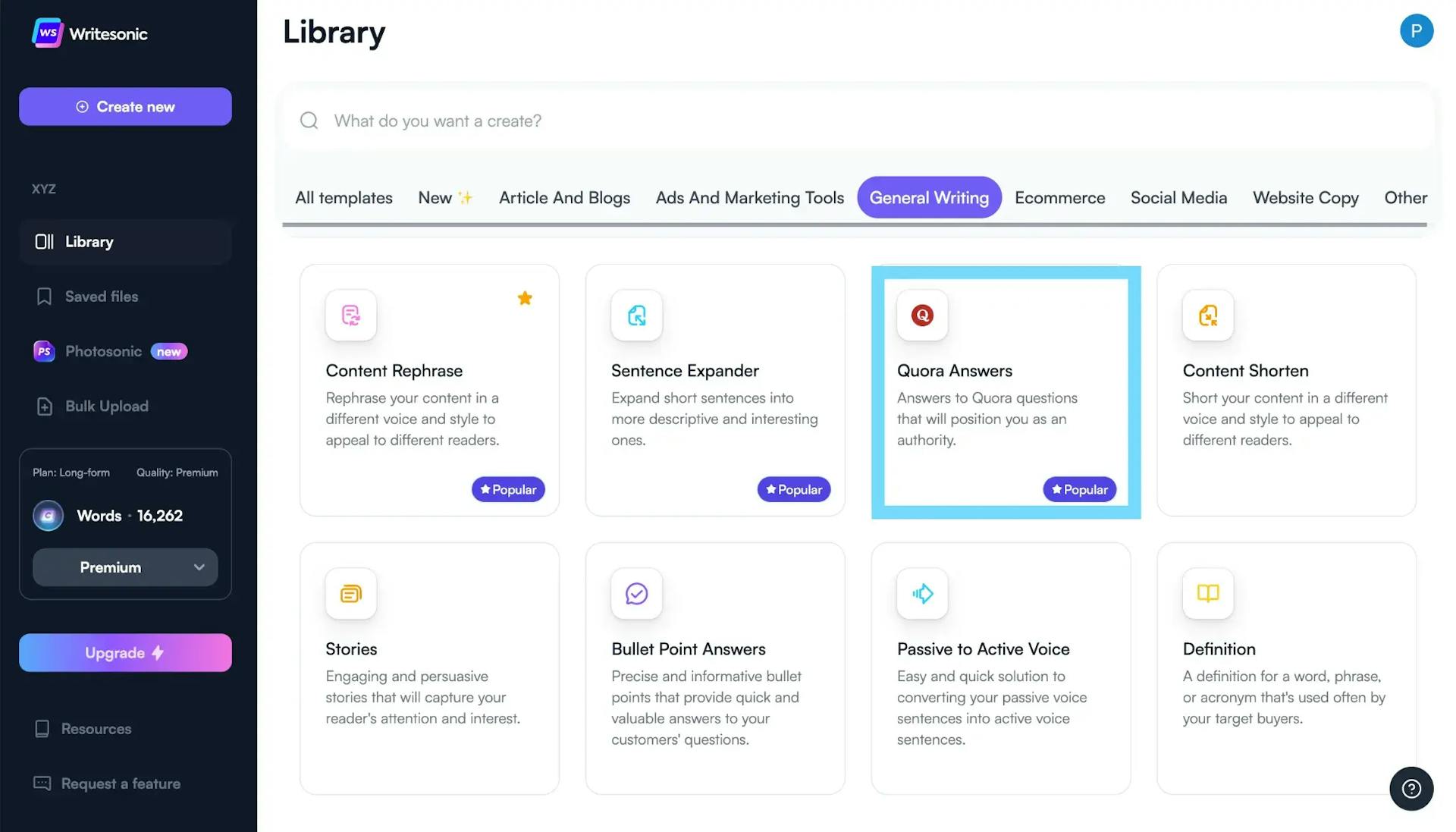 Generating answers to Quora questions can be a time-consuming task. But with Writesonic's Quora Answer Generator, you can create answers 10x faster and encourage readers to take the desired action. Here’s how. Log into Ewritesonic’s account; if you don’t have an account, sign up for free today. Then, go to the dashboard and select “Quora Answers”, which will take you to the Quora answer generator page.