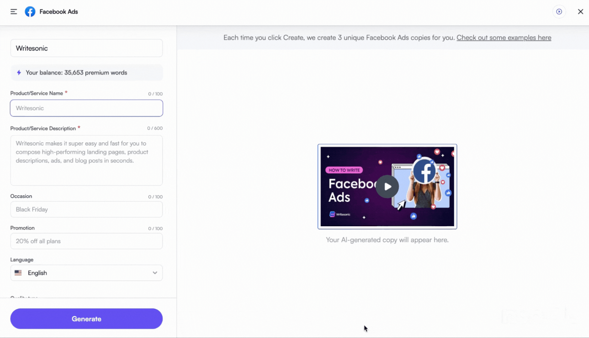 Create high-converting Facebook ad copy in seconds.
