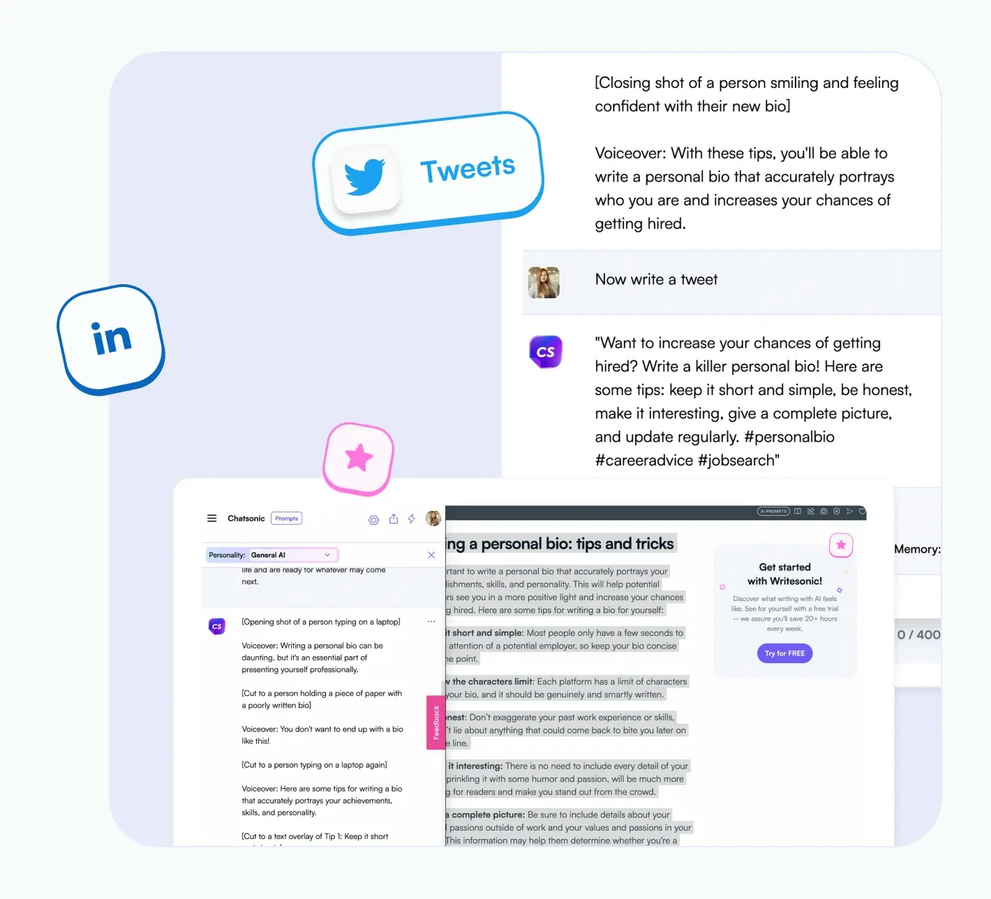 Write tweets, LinkedIn posts, or even Tiktok video scripts.