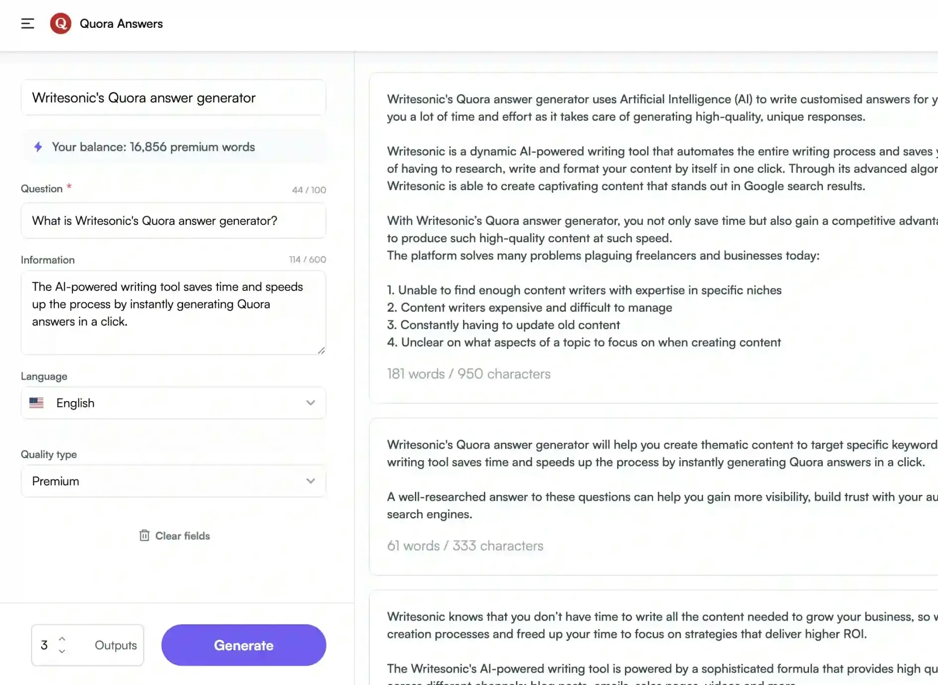 Try Ewritesonic’s Quora answer generator!