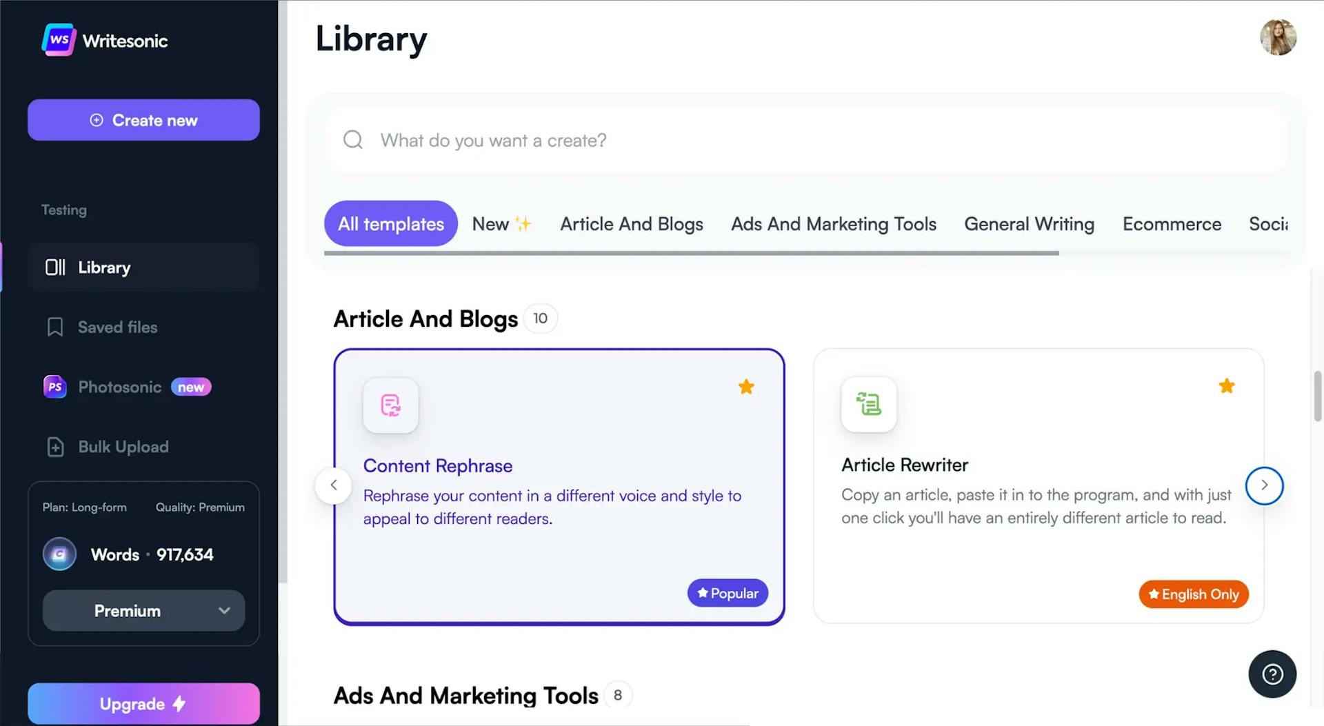 Ewritesonic library - content rephrase