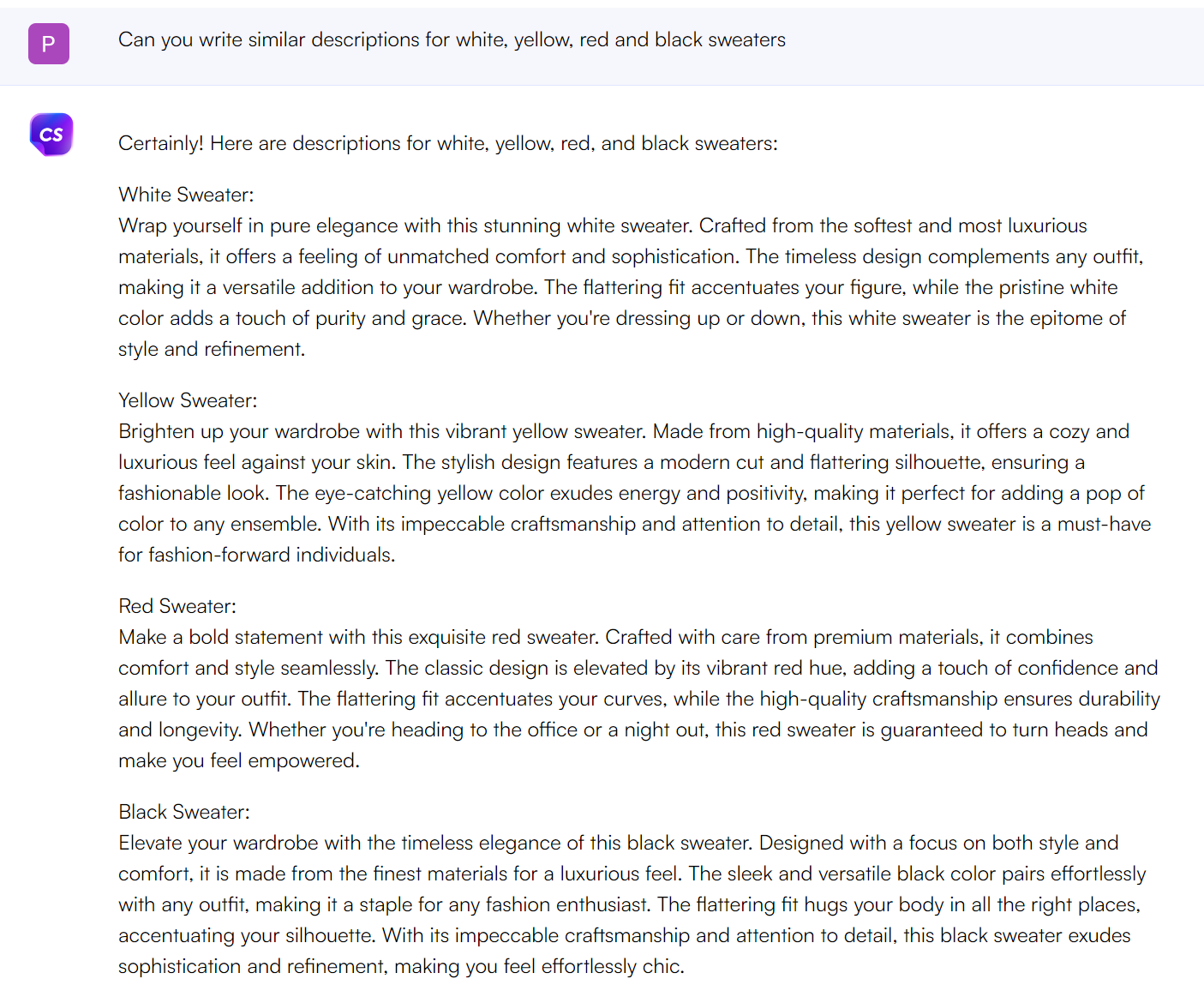Product descriptions on Chatsonic